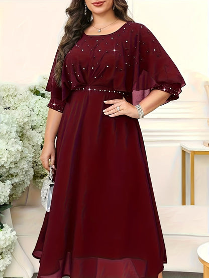 Elegant Plus Size Rhinestone Crew Neck Dress