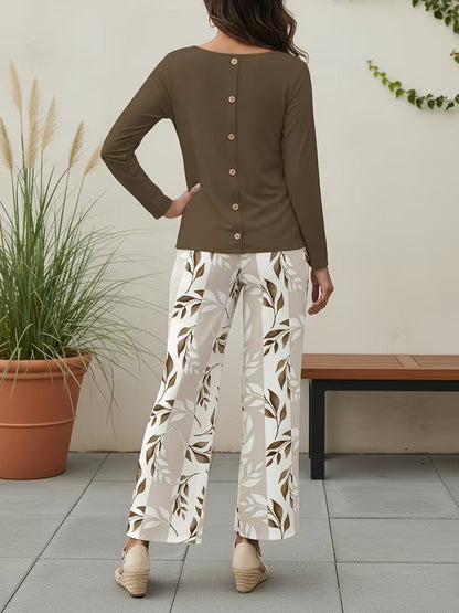 Graceful Tie-Neck Ruffle Top & Printed Pocket Trousers Set