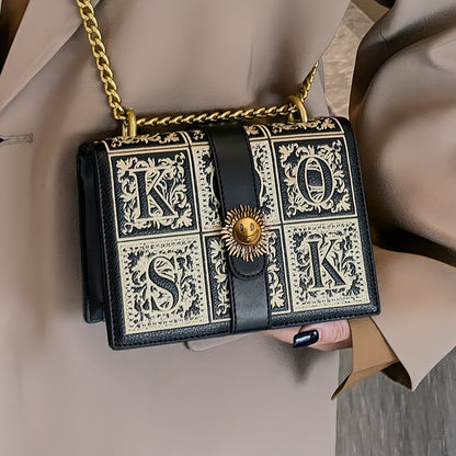 LABOONOO Women’s Chain Crossbody Bag – Geometric Embroidery, Buckle Detail, Small Square Commuter Purse