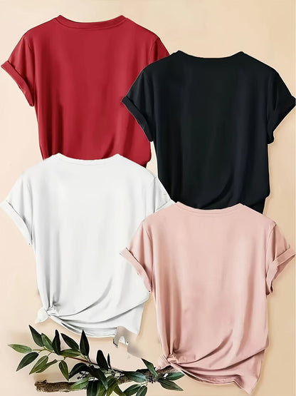 4PCS Women’s Vintage Valentine Print T-Shirts – Short Sleeve Round Neck Casual Tees