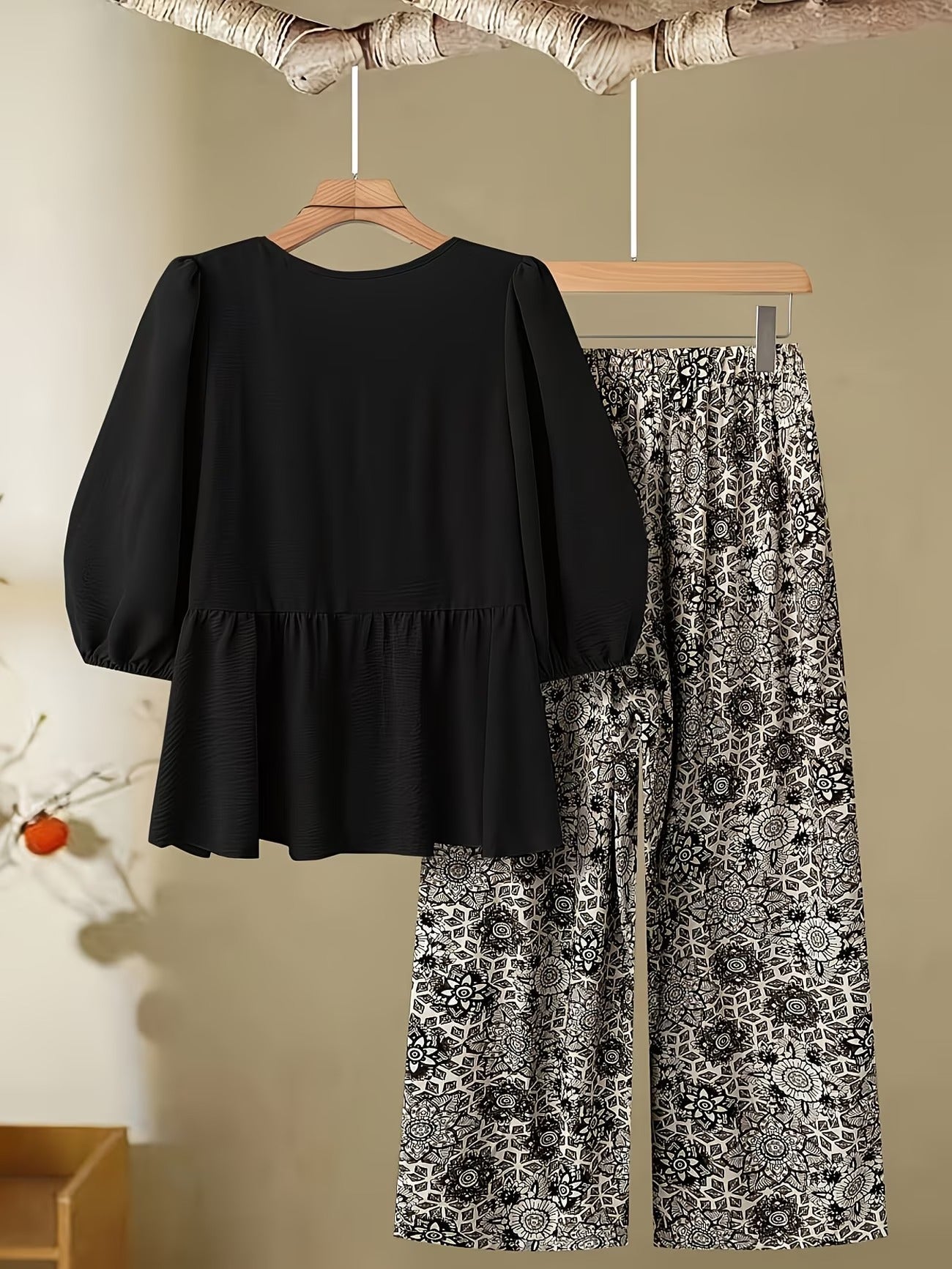 Curvy Chic Tie-Up Blouse & Wide-Leg Pants Co-Ord Set