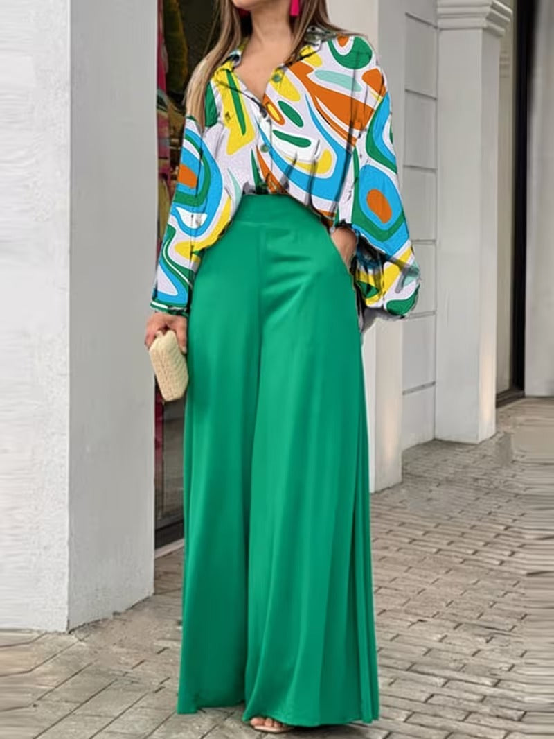 Versatile Plus Size V-Neck Printed Top & Wide-Leg Pants Outfit