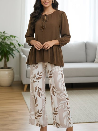 Graceful Tie-Neck Ruffle Top & Printed Pocket Trousers Set