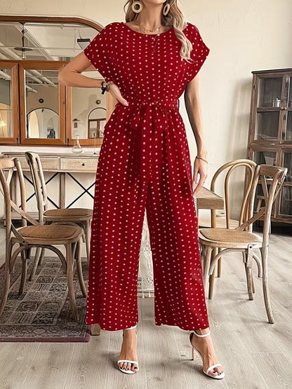 Modern Contrast Print V-Neck Jumpsuit with Elastic Waist & Belt
