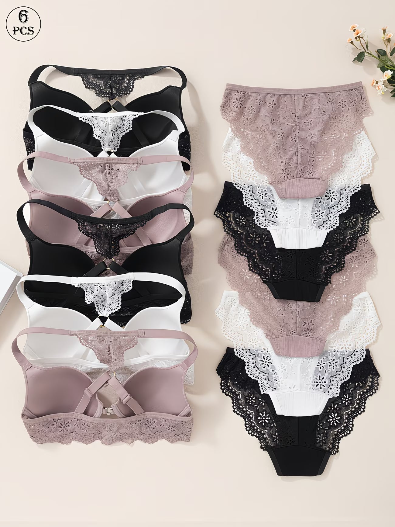 Pack of 6  Women’s Floral Lace Bra & Panty Set  Comfortable & Sexy Lingerie