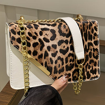 Women’s Leopard Patchwork Crossbody Bag – Magnetic Snap Vintage Shoulder Bag