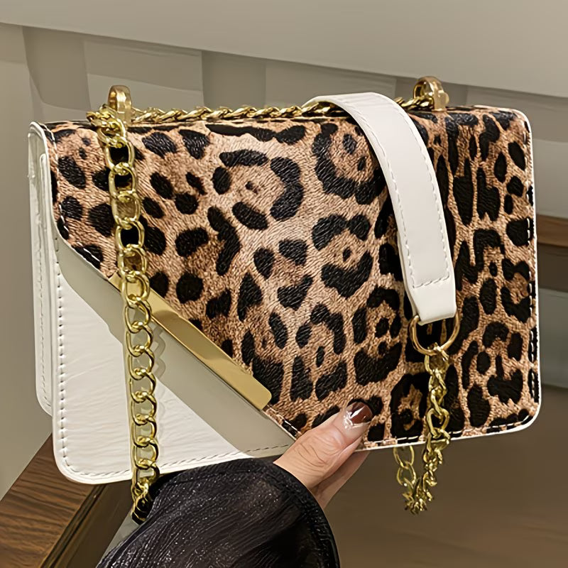 Women’s Leopard Patchwork Crossbody Bag – Magnetic Snap Vintage Shoulder Bag