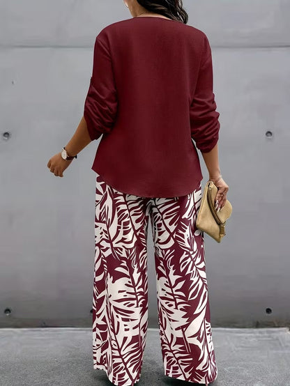 Graceful Tie-Neck Ruffle Top & Printed Pocket Trousers Set