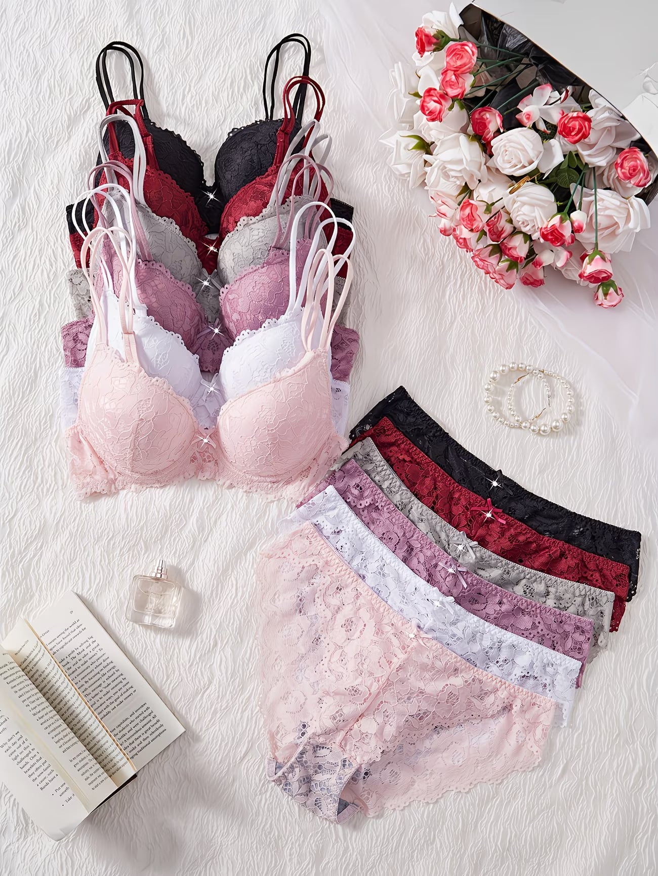 Pack of 6  Women’s Floral Lace Bra & Panty Set  Comfortable & Sexy Lingerie