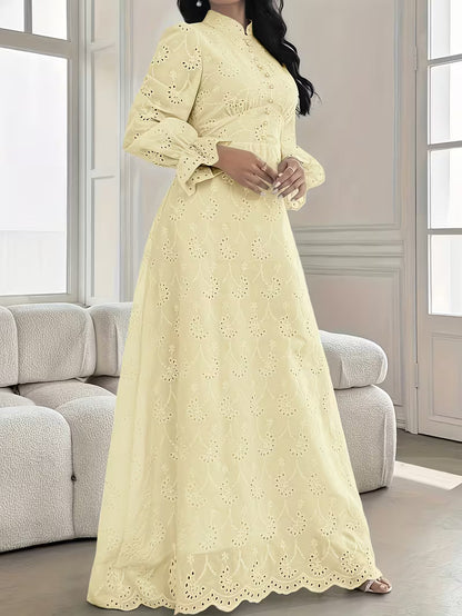 French Embroidered Puff Sleeve Dress – Elegant Ruffle Stand Collar Style