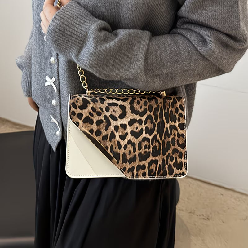 Women’s Leopard Patchwork Crossbody Bag – Magnetic Snap Vintage Shoulder Bag