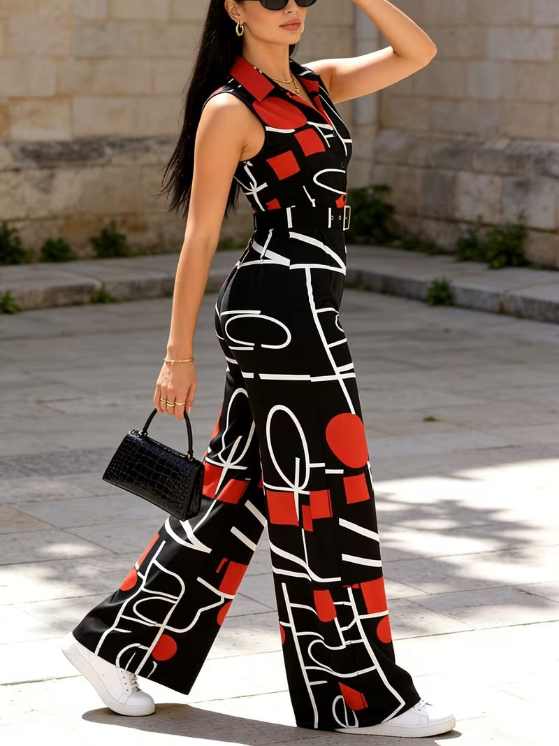 Modern Contrast Print V-Neck Jumpsuit with Elastic Waist & Belt