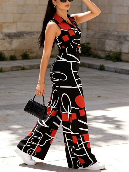 Modern Contrast Print V-Neck Jumpsuit with Elastic Waist & Belt