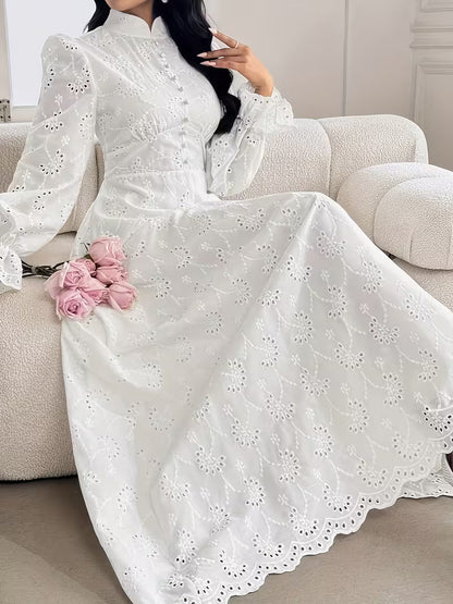 French Embroidered Puff Sleeve Dress – Elegant Ruffle Stand Collar Style