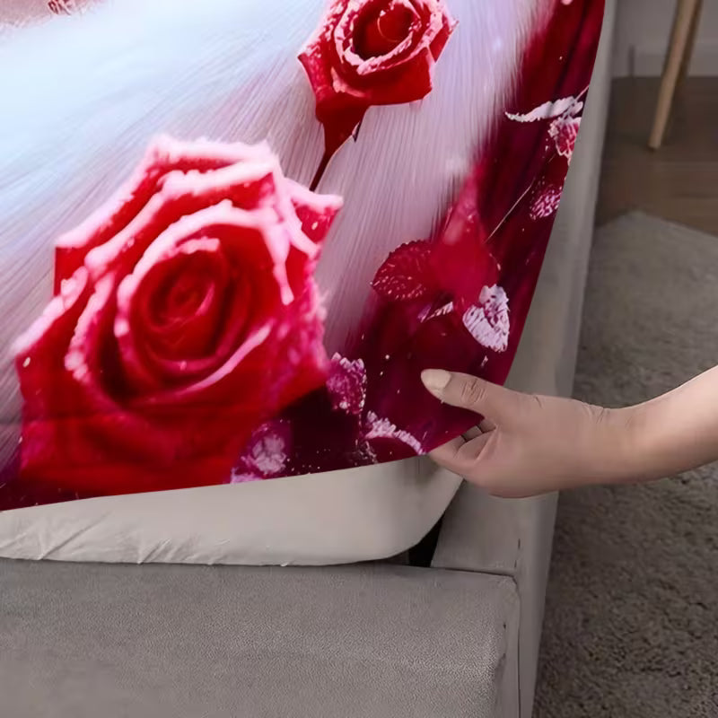 Luxury Rose Pattern Flannel Fitted Bedsheet Set with Pillowcases – Soft Deep Pocket Mattress Cover