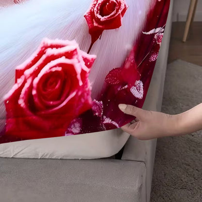 Luxury Rose Pattern Flannel Fitted Bedsheet Set with Pillowcases – Soft Deep Pocket Mattress Cover