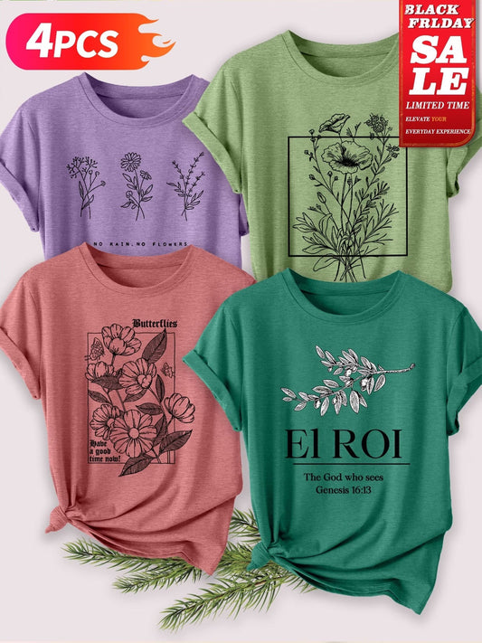 4PCS Women’s Vintage Valentine Print T-Shirts – Short Sleeve Round Neck Casual Tees