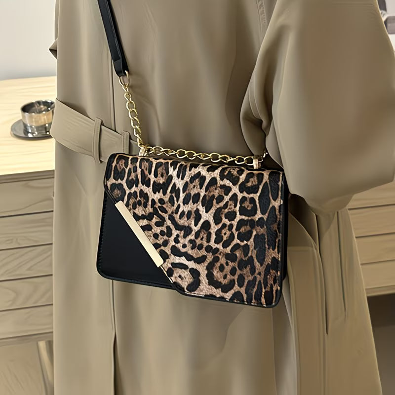 Women’s Leopard Patchwork Crossbody Bag – Magnetic Snap Vintage Shoulder Bag