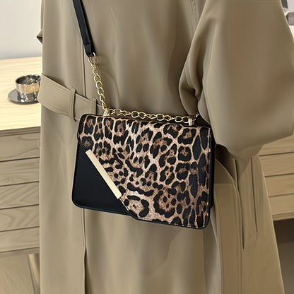 Women’s Leopard Patchwork Crossbody Bag – Magnetic Snap Vintage Shoulder Bag