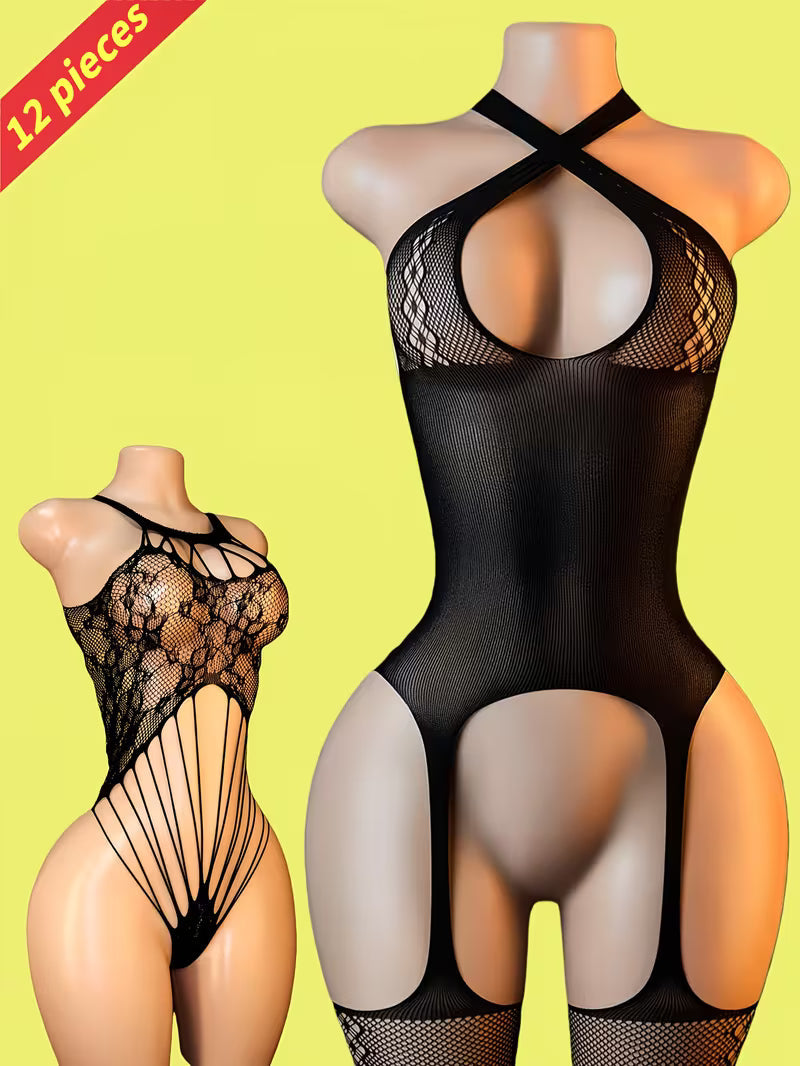 Elegant Lace & Fishnet Bodysuit Set