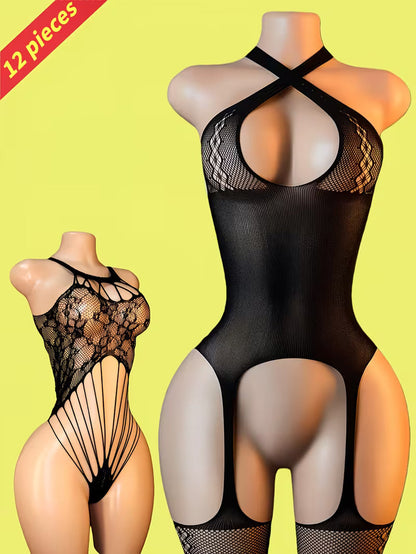 Elegant Lace & Fishnet Bodysuit Set