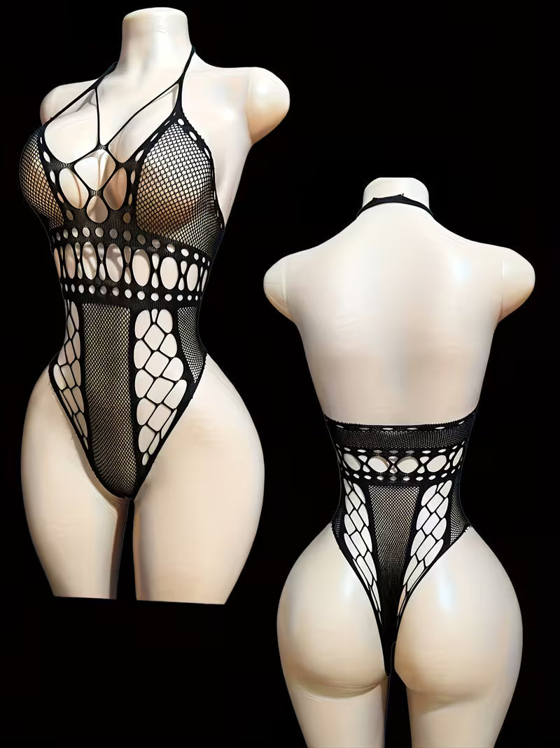 Elegant Lace & Fishnet Bodysuit Set