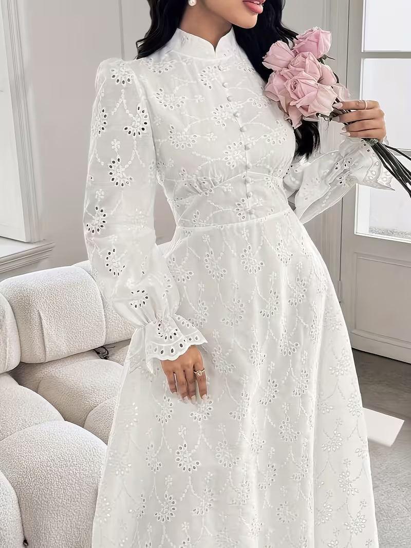 French Embroidered Puff Sleeve Dress – Elegant Ruffle Stand Collar Style