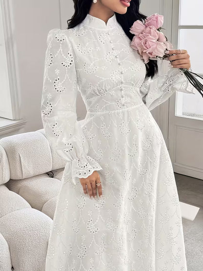 French Embroidered Puff Sleeve Dress – Elegant Ruffle Stand Collar Style