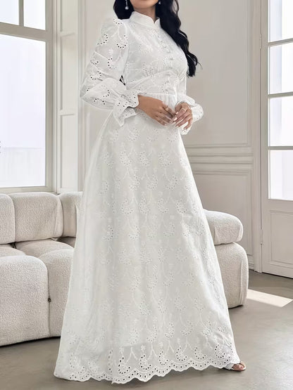 French Embroidered Puff Sleeve Dress – Elegant Ruffle Stand Collar Style
