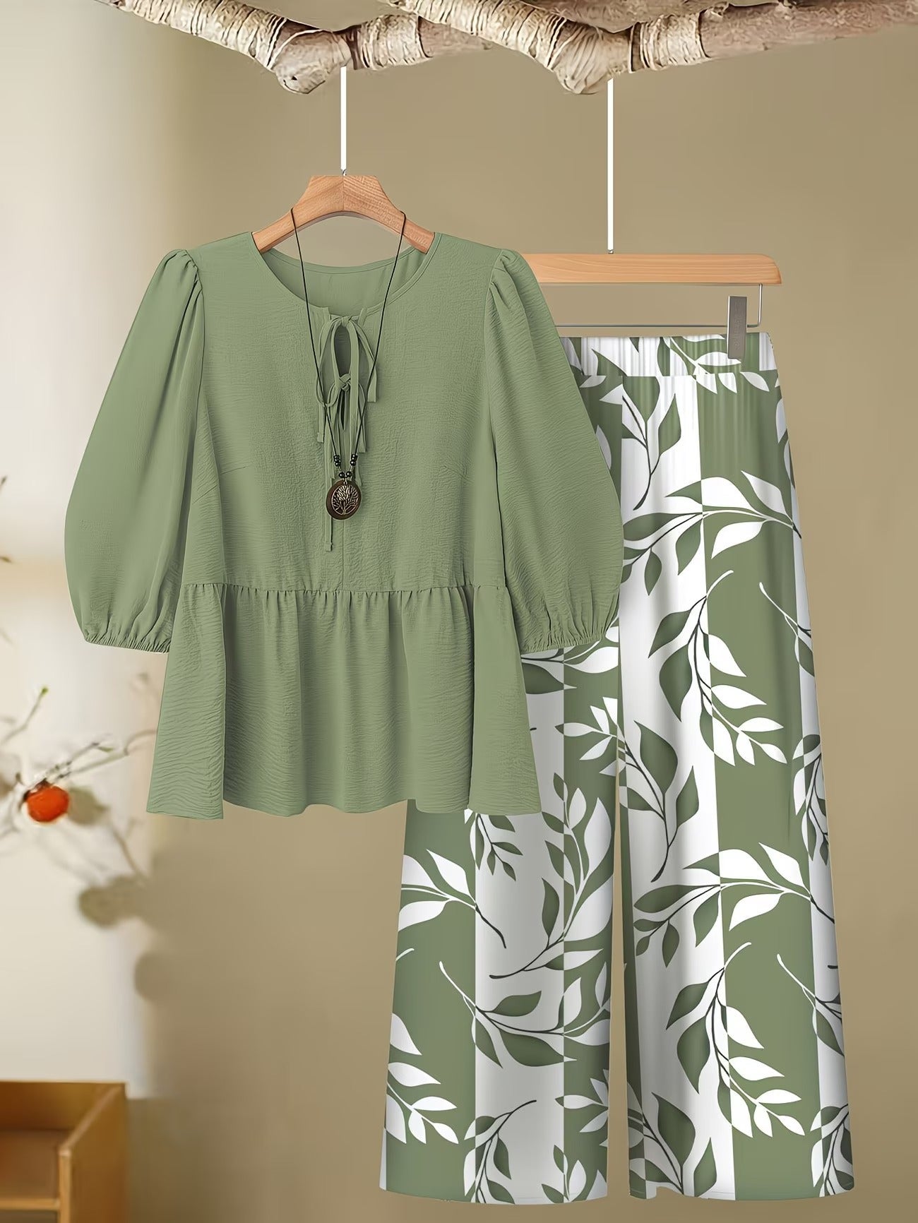 Curvy Chic Tie-Up Blouse & Wide-Leg Pants Co-Ord Set