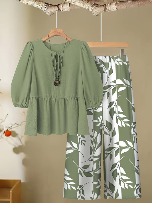 Curvy Chic Tie-Up Blouse & Wide-Leg Pants Co-Ord Set