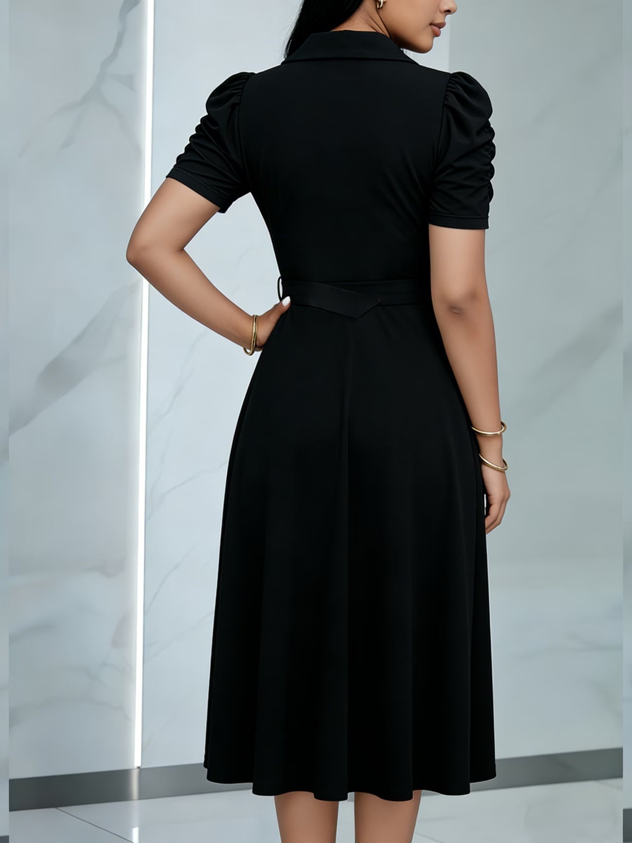 Women’s Lapel Collar Midi Dress with Tie Hem