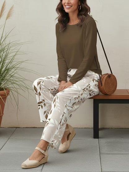 Graceful Tie-Neck Ruffle Top & Printed Pocket Trousers Set