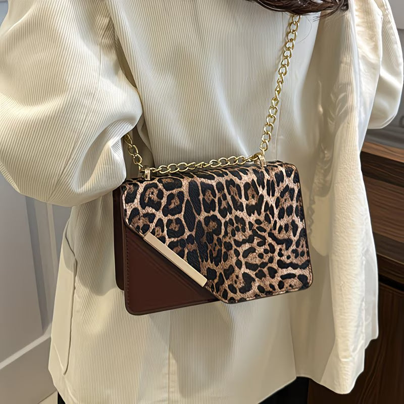 Women’s Leopard Patchwork Crossbody Bag – Magnetic Snap Vintage Shoulder Bag