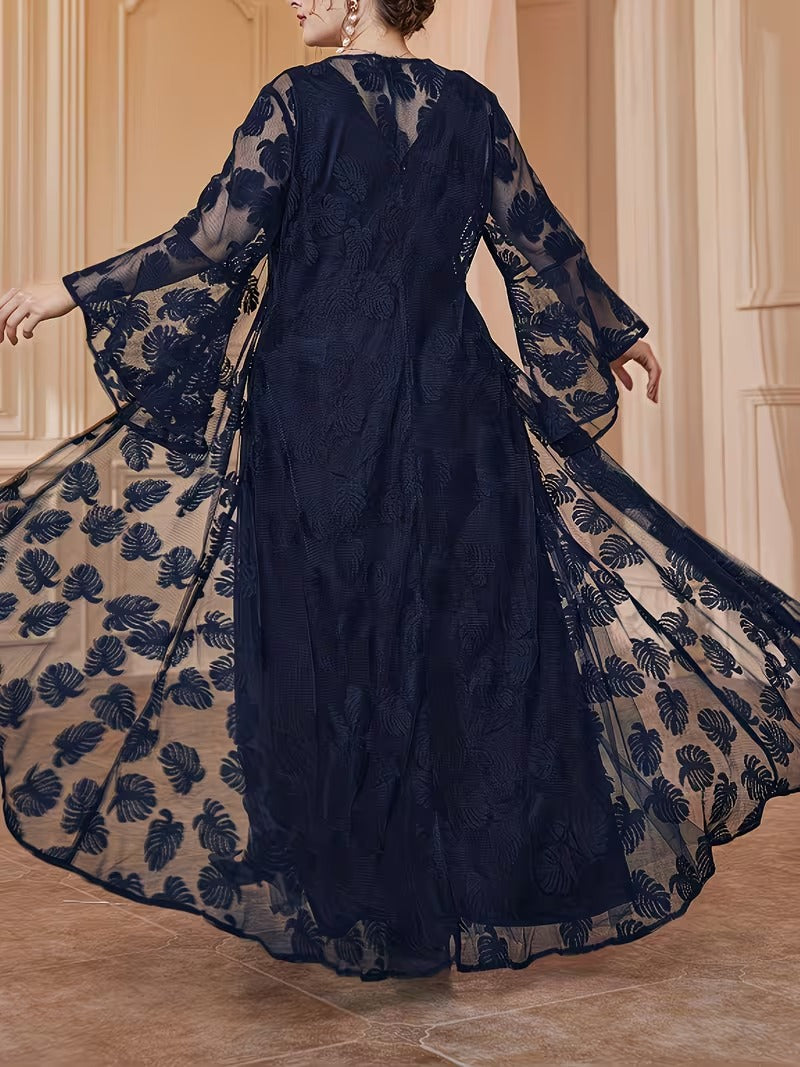 Luxury Plus Size Lace Cardigan with Lotus Sleeves & Elegant Maxi Dress