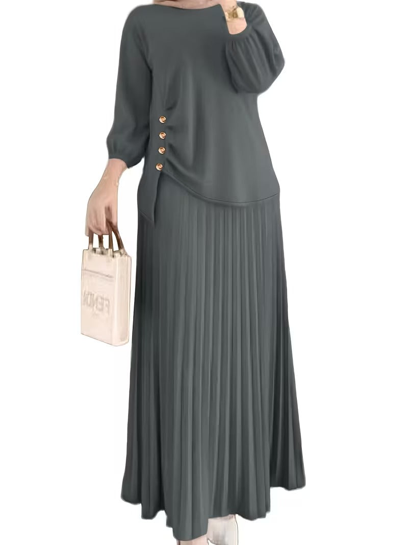 Sophisticated Button Detail Pleated Top & Skirt Co-Ord
