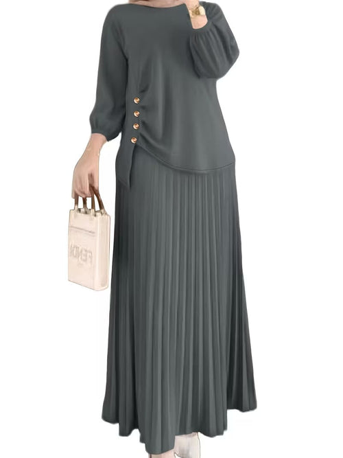 Sophisticated Button Detail Pleated Top & Skirt Co-Ord