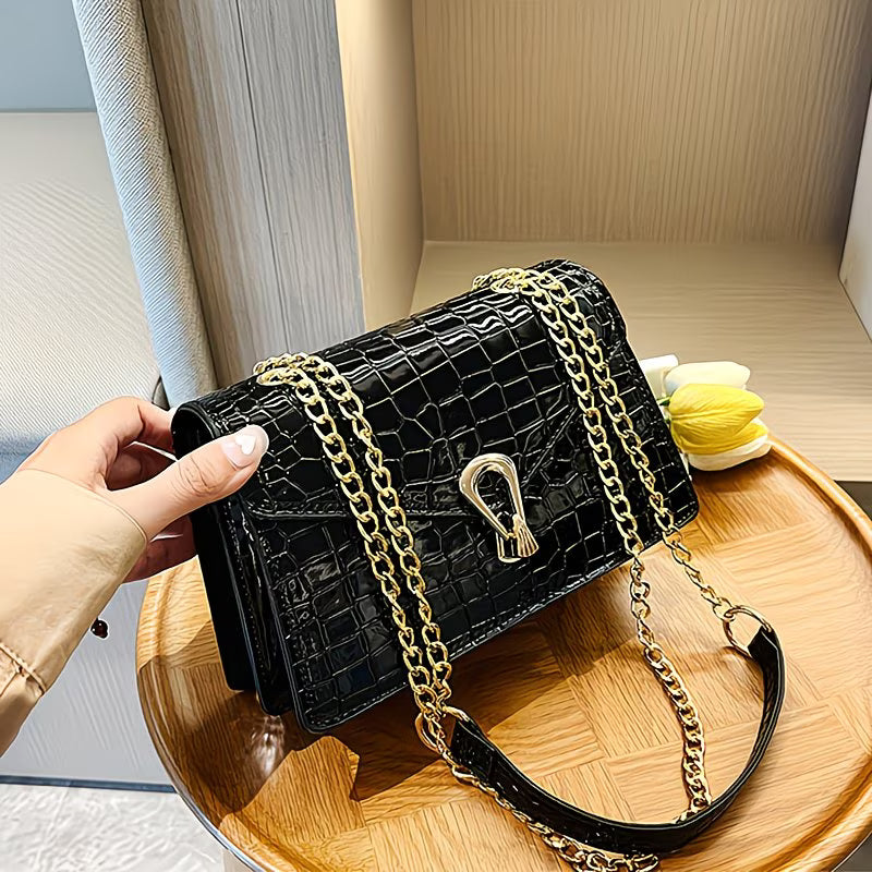 Pink Snake Print & Black Croc Crossbody Bag