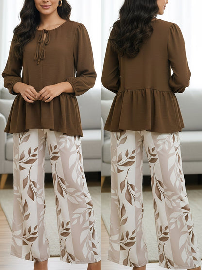 Graceful Tie-Neck Ruffle Top & Printed Pocket Trousers Set