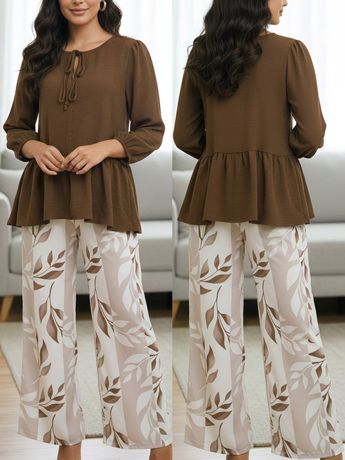 Graceful Tie-Neck Ruffle Top & Printed Pocket Trousers Set