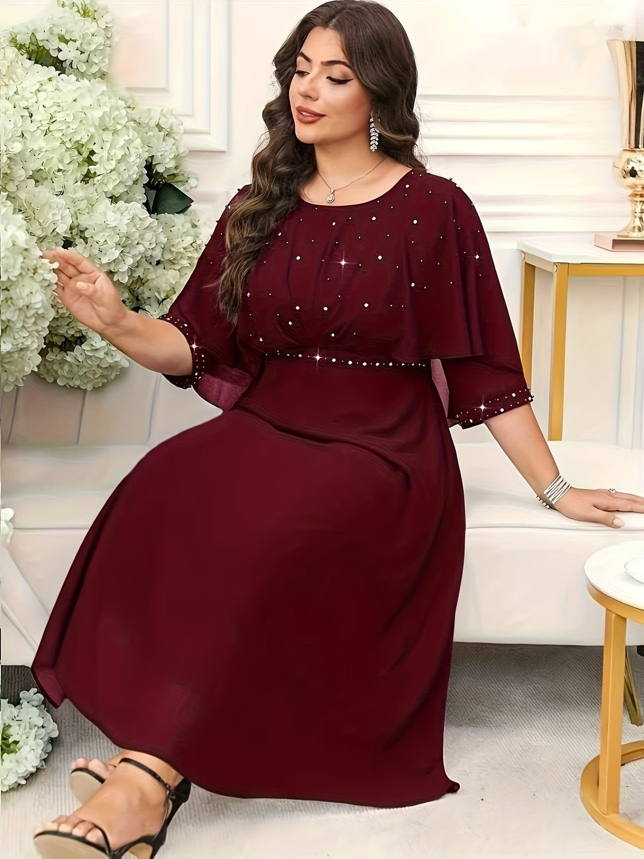 Elegant Plus Size Rhinestone Crew Neck Dress