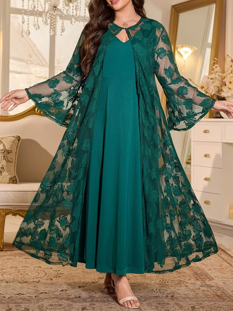 Luxury Plus Size Lace Cardigan with Lotus Sleeves & Elegant Maxi Dress