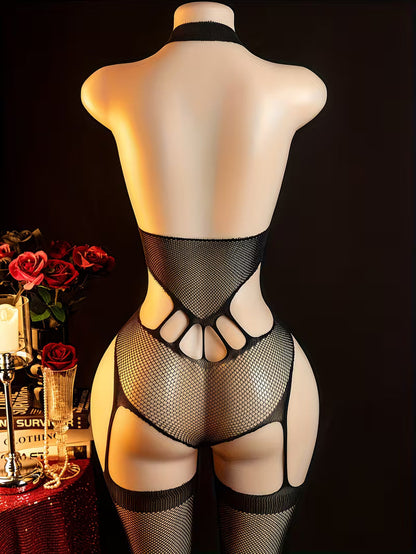 Elegant Lace & Fishnet Bodysuit Set