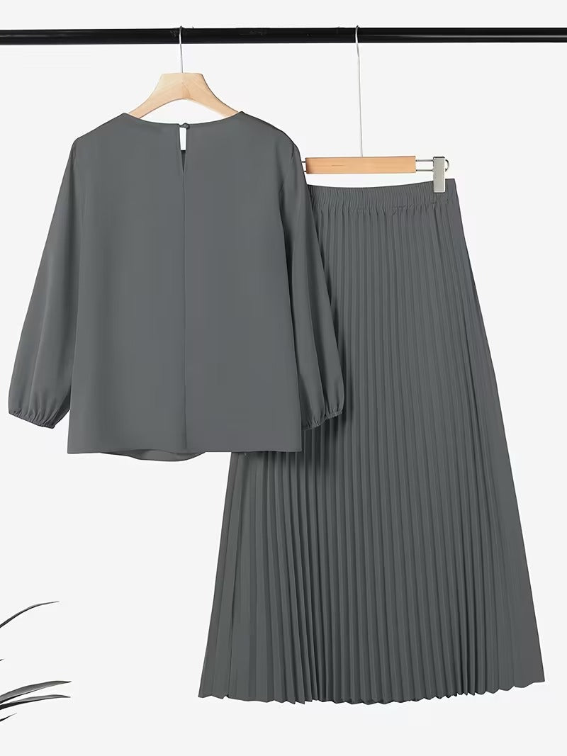 Sophisticated Button Detail Pleated Top & Skirt Co-Ord