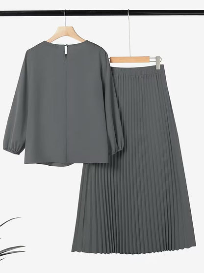 Sophisticated Button Detail Pleated Top & Skirt Co-Ord