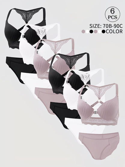 Pack of 6  Women’s Floral Lace Bra & Panty Set  Comfortable & Sexy Lingerie
