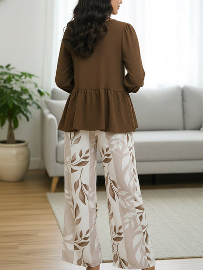 Graceful Tie-Neck Ruffle Top & Printed Pocket Trousers Set