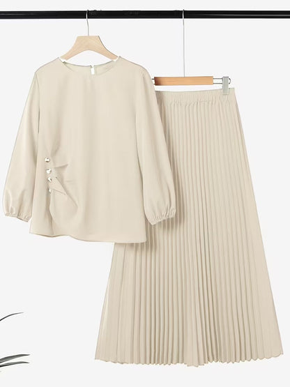 Sophisticated Button Detail Pleated Top & Skirt Co-Ord