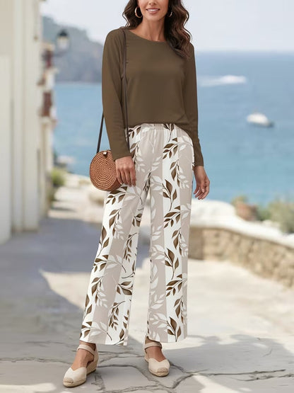 Graceful Tie-Neck Ruffle Top & Printed Pocket Trousers Set