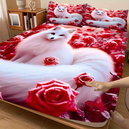Luxury Rose Pattern Flannel Fitted Bedsheet Set with Pillowcases – Soft Deep Pocket Mattress Cover